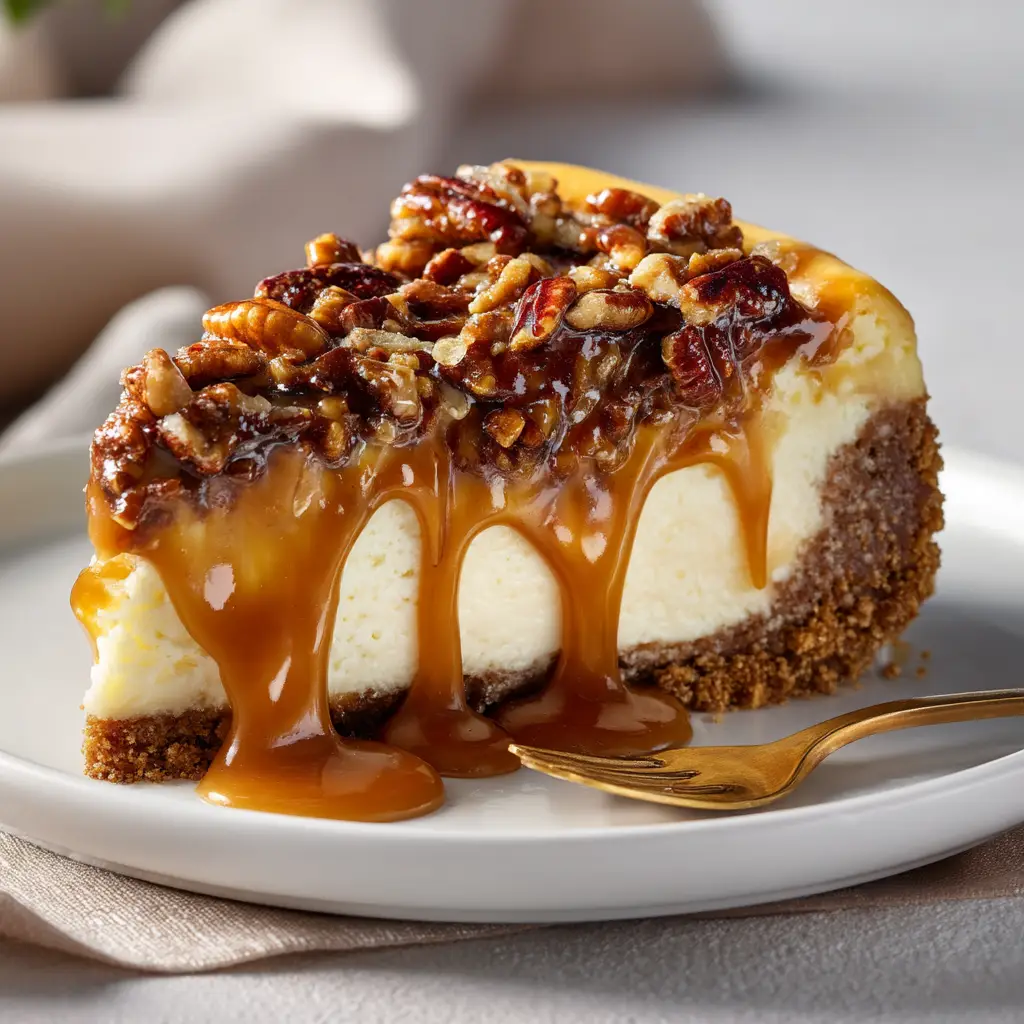 Pecan Pie Cheesecake Recipe: The Ultimate Holiday Dessert 1 The gooey pecan pie topping being poured over a chilled, creamy cheesecake, showcasing the rich caramel and toasted pecans.