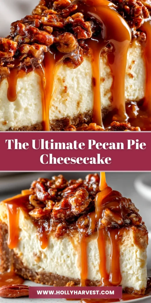 Pecan Pie Cheesecake Recipe: The Ultimate Holiday Dessert 4 A stunning overhead shot of a full Pecan Pie Cheesecake Recipe, showcasing the glossy, nutty topping and creamy filling, with one slice removed.