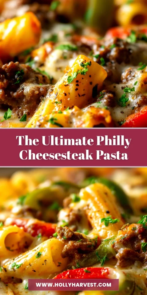 A large white bowl of creamy Philly cheesesteak pasta, with tender steak and peppers, garnished with parsley. The perfect one-pot dinner idea.