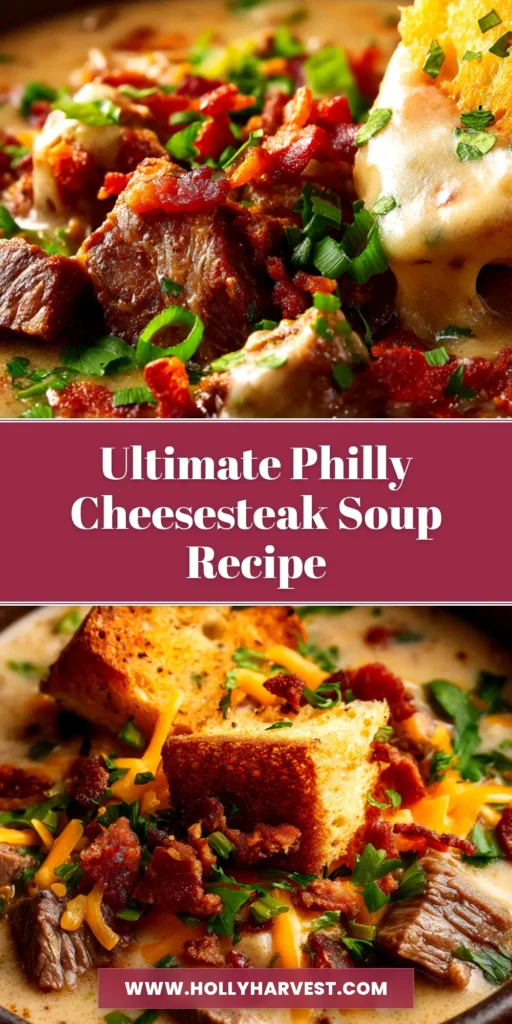 A delicious bowl of creamy Philly Cheesesteak Soup recipe, topped with melted provolone cheese and croutons, ready to be eaten.