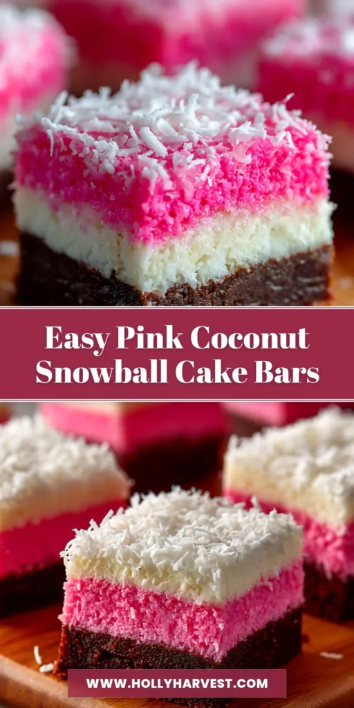 A platter of delicious Pink Coconut Snowball Cake Bars, showing the fluffy pink coconut topping and tender cake interior. The perfect easy dessert recipe.