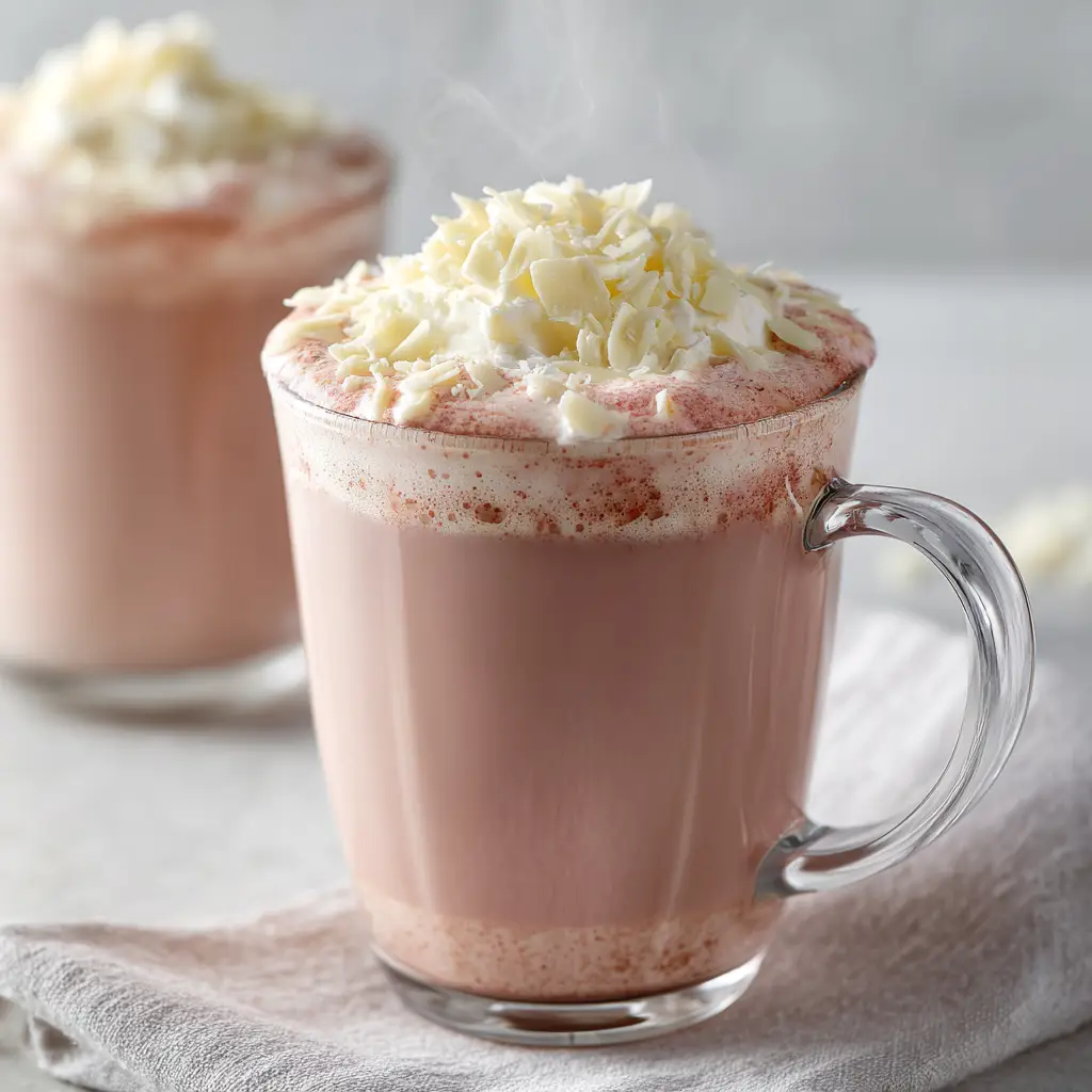 A glass mug filled with pink strawberry hot chocolate, showing its creamy texture and rich color. The warm lighting creates a cozy and inviting atmosphere.