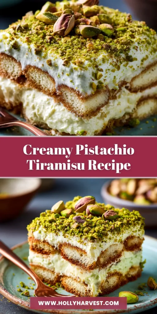 Pistachio Tiramisu Recipe (The Best & Easiest!) 4 A top-down view of a delicious Pistachio Tiramisu Recipe in a glass dish, garnished with chopped pistachios. The title reads 'The Best Pistachio Tiramisu'.