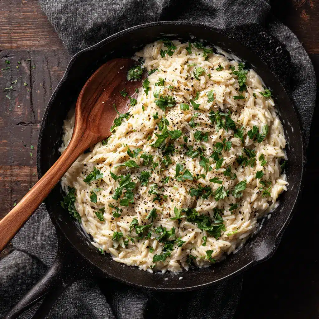 A beautifully plated serving of creamy orzo with parmesan and garlic in a rustic black bowl, garnished with fresh herbs.