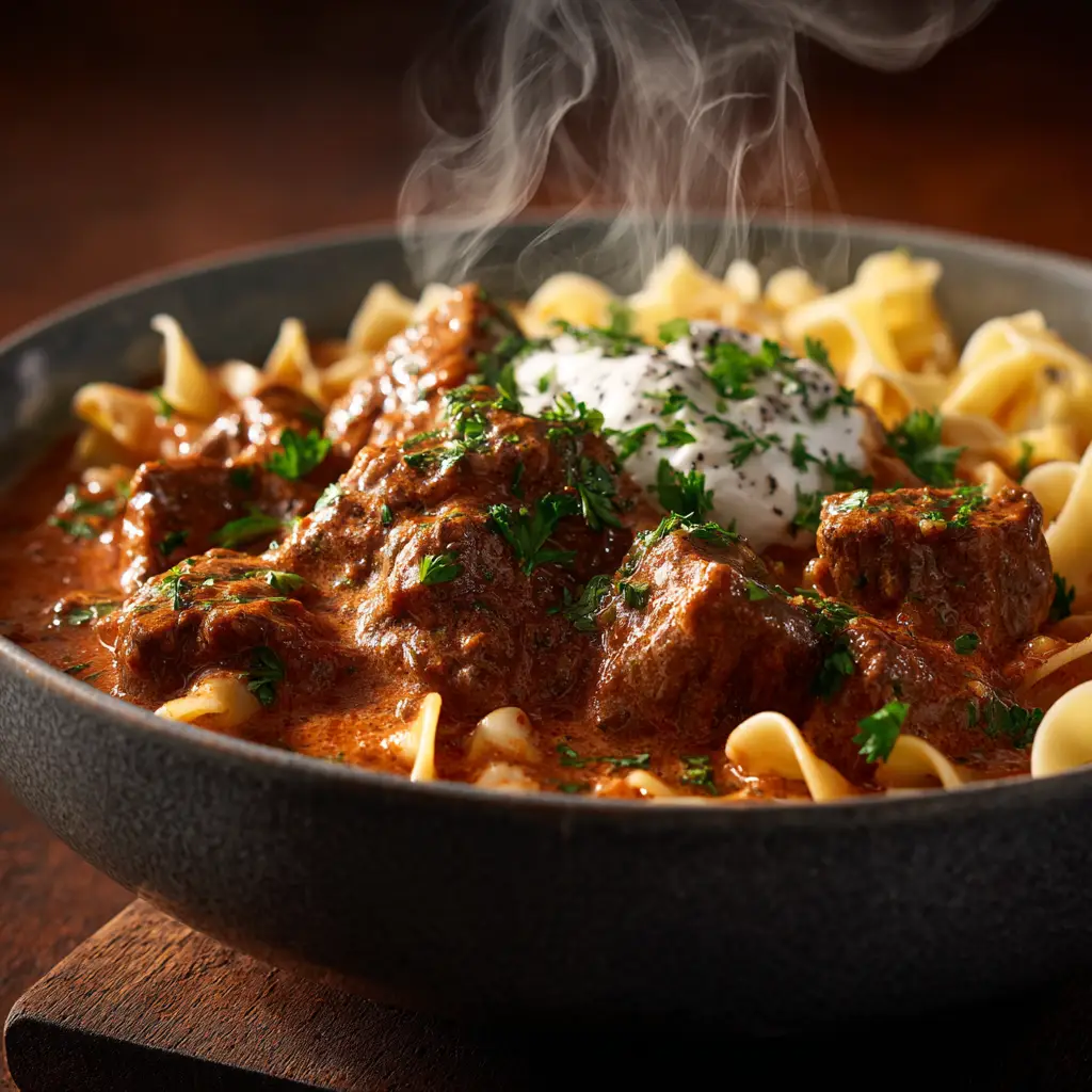 German Goulash Recipe (Authentic & Easy) 1 A rustic pot full of homemade German Goulash, showcasing the rich colors of the paprika-infused stew.