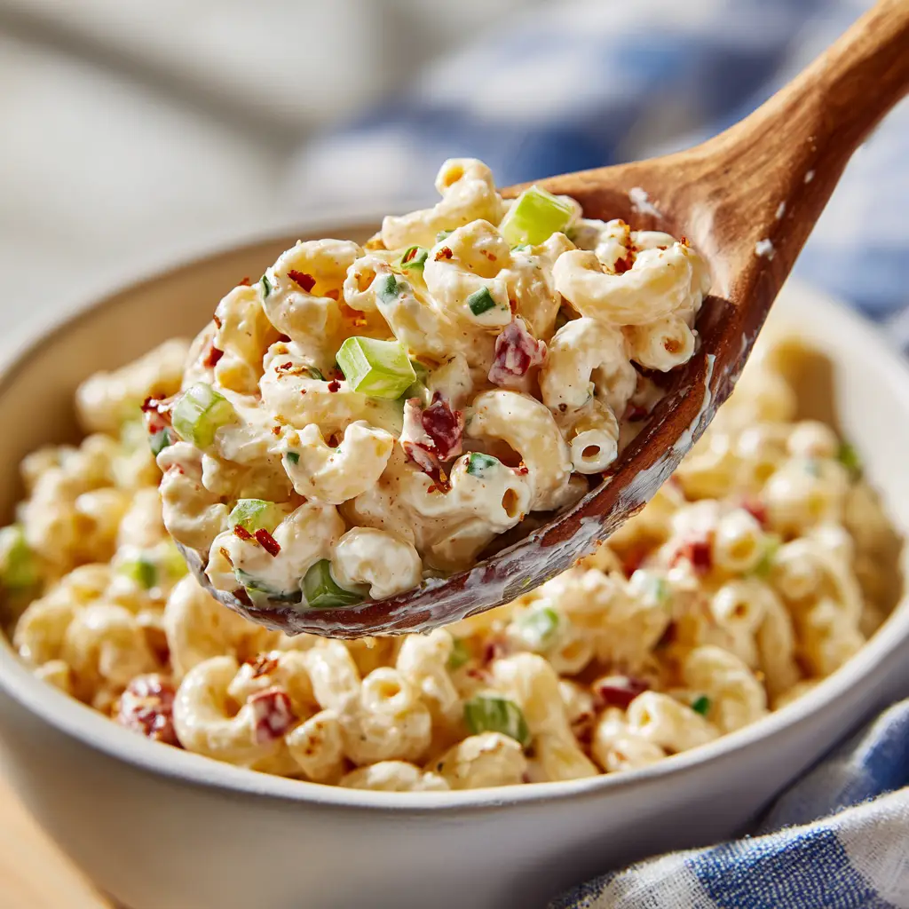 A serving bowl of old-fashioned macaroni salad with egg ready to be served at a family gathering.