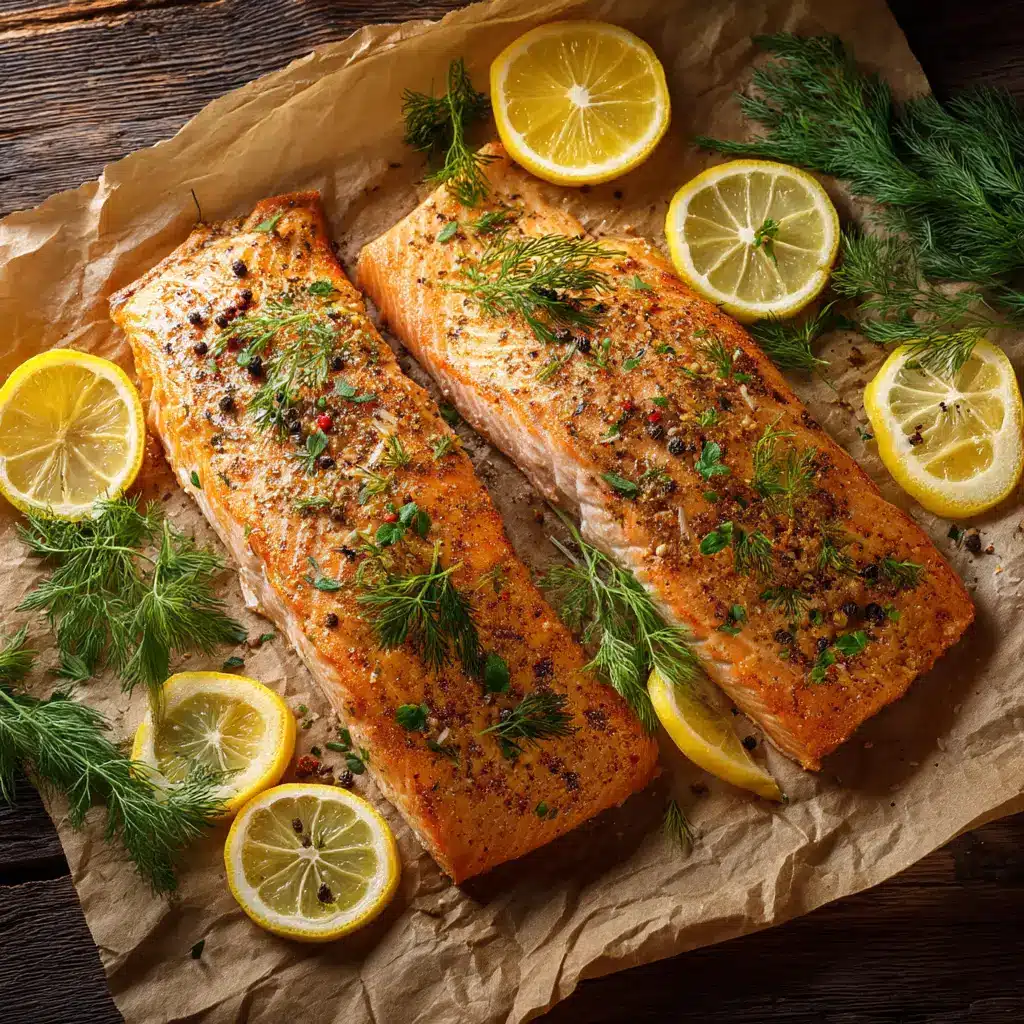 A step-by-step image showing the lemon dill butter sauce being poured over raw salmon fillets before baking.