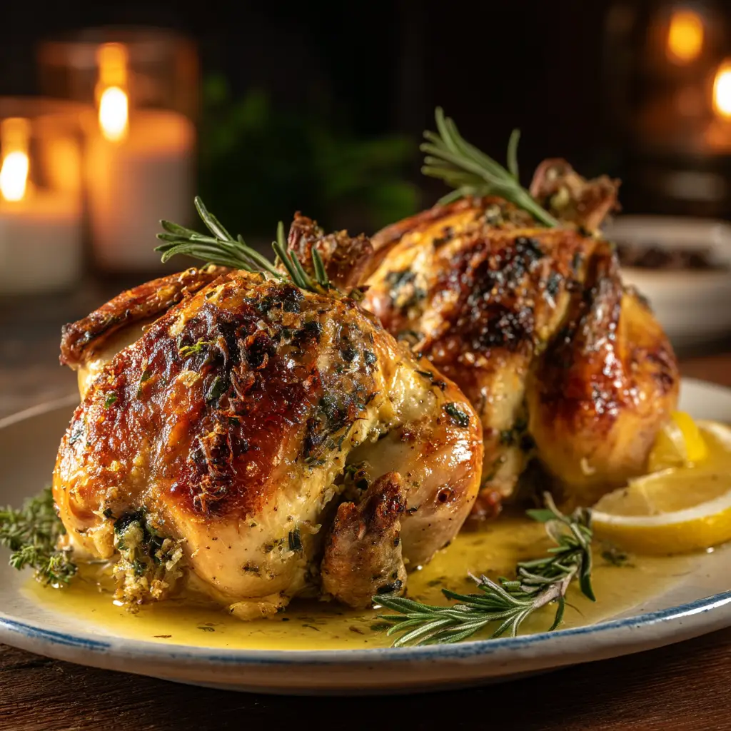 Stuffed Cornish Game Hens: The Ultimate Guide to an Elegant Meal 2 Two roasted Cornish hens in a cast-iron skillet, stuffed with a savory herb filling and ready for the oven.