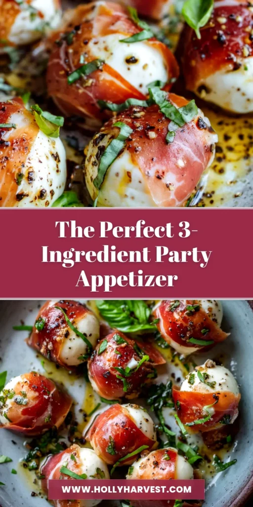 A platter of Prosciutto Wrapped Mozzarella drizzled with balsamic glaze, shown as a perfect easy appetizer.