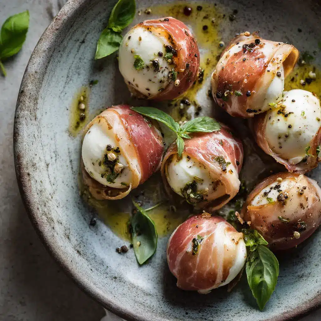 An overhead close-up shot of prosciutto wrapped mozzarella balls arranged neatly on a white serving dish.