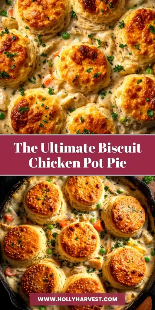 Red Lobster Biscuit Chicken Pot Pie (The Ultimate Copycat Recipe) 4 A close-up shot of the finished Red Lobster Biscuit Chicken Pot Pie in a cast-iron skillet, with a scoop taken out to show the creamy filling.