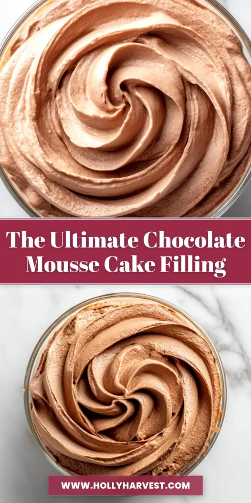 The ultimate rich and stable chocolate mousse filling being piped into a chocolate cake. A perfect recipe for layered desserts.