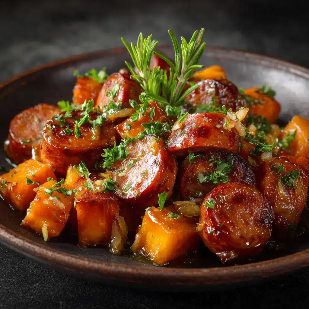 Honey Garlic Sausage and Sweet Potato (Easy One-Pan Recipe!) 2 A close-up shot of the roasted sweet potatoes and sausage on a baking sheet, glistening with honey garlic sauce.