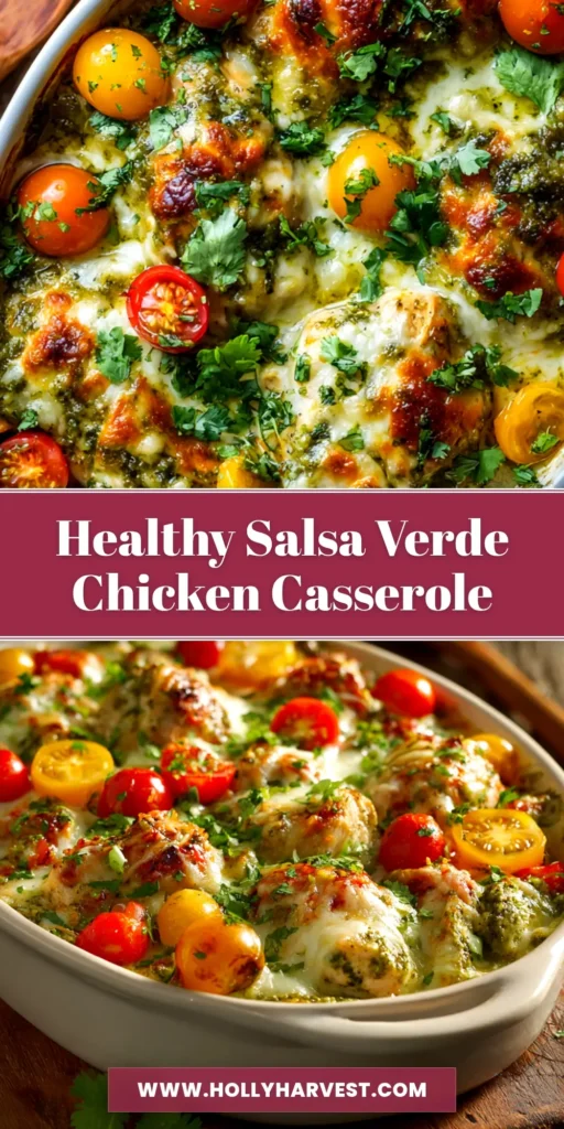 A top-down view of a freshly baked salsa verde chicken casserole in a white baking dish, showing the bubbly, golden-brown cheese topping garnished with fresh cilantro.