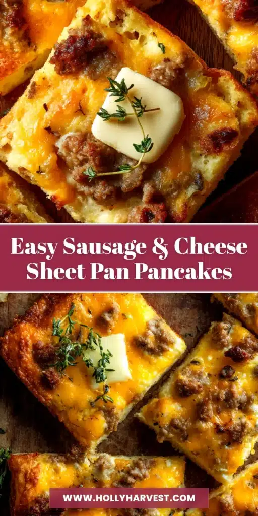 A delicious slice of Sausage Cheese Sheet Pan Pancakes on a white plate, drizzled with maple syrup. The perfect savory oven-baked breakfast.