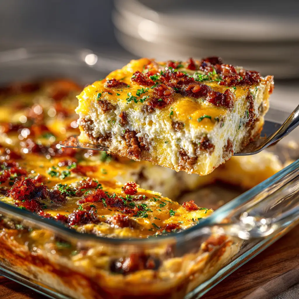 A beautiful golden-brown sausage breakfast casserole fresh out of the oven in a glass baking dish, ready to be served.