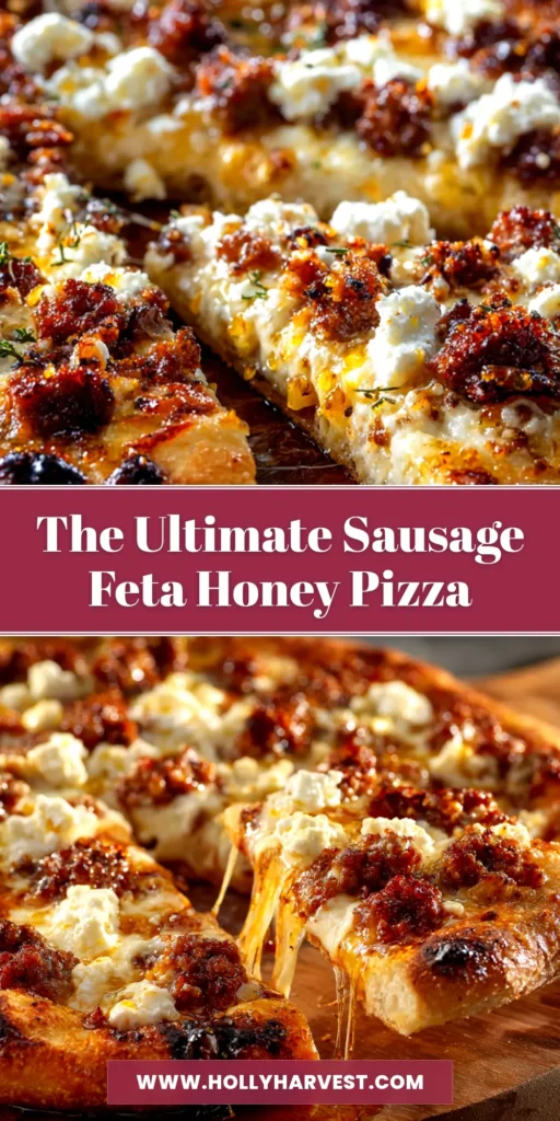 A stunning overhead shot of a whole Sausage Feta Honey Pizza, drizzled with golden honey on a rustic wooden board.