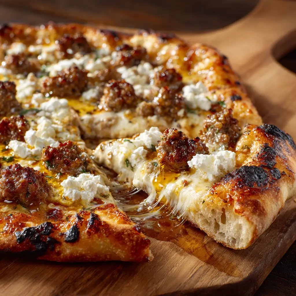 A beautiful shot of honey being drizzled over a freshly baked sausage and feta pizza, capturing the golden stream of honey.