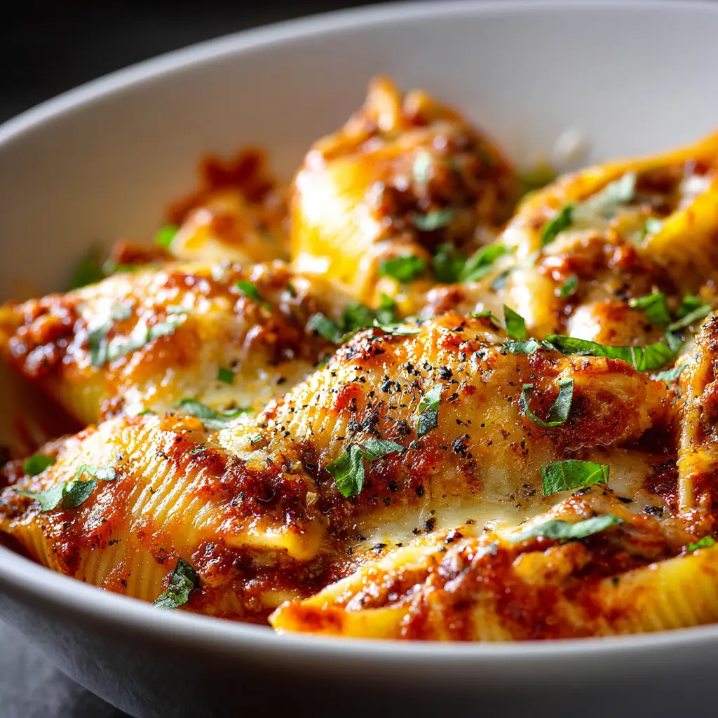 Sausage Stuffed Shells (The Ultimate Comfort Food) 2 An extreme close-up of a single sausage stuffed shell, showcasing the rich ricotta and sausage filling and the melted mozzarella cheese topping.