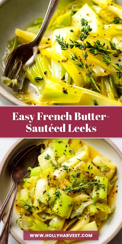 A top-down view of perfectly Sautéed Leeks in a white bowl, garnished with fresh thyme. This easy side dish recipe is ready in 15 minutes.