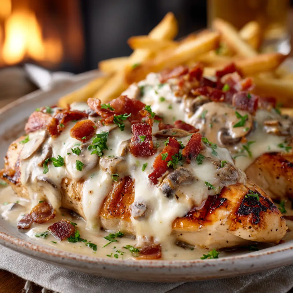 Golden brown sautéed mushrooms and onions in a skillet, ready to be layered on the copycat Texas Roadhouse chicken.