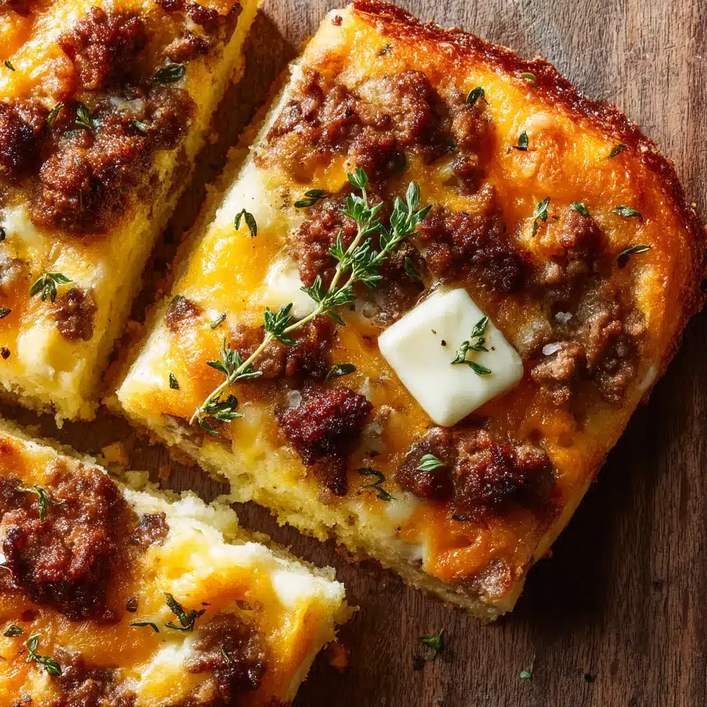 A close-up overhead shot of the sausage cheese sheet pan pancakes batter spread out in the pan, topped with sausage and cheese before baking.