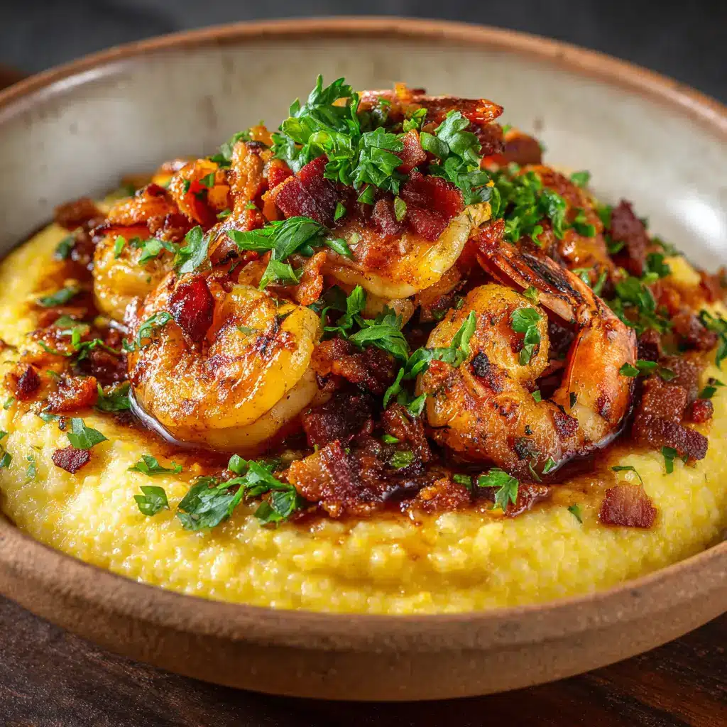 A close-up shot of savory cooked shrimp in a garlic and bacon sauce, ready to be served over grits for a classic Southern meal.