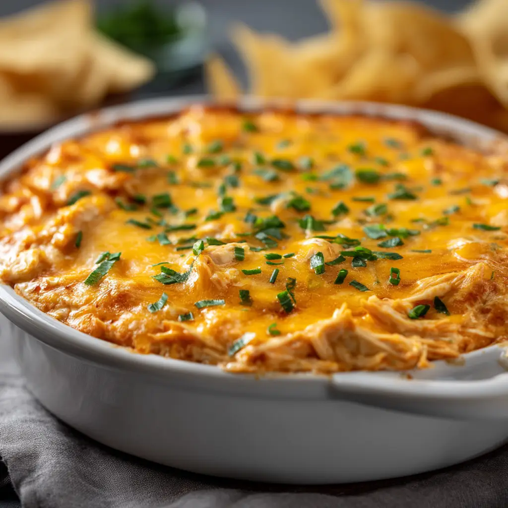 Buffalo Chicken Dip: The Ultimate Creamy & Easy Recipe 1 A bowl of creamy buffalo chicken dip being scooped with a tortilla chip, highlighting its smooth and rich consistency.