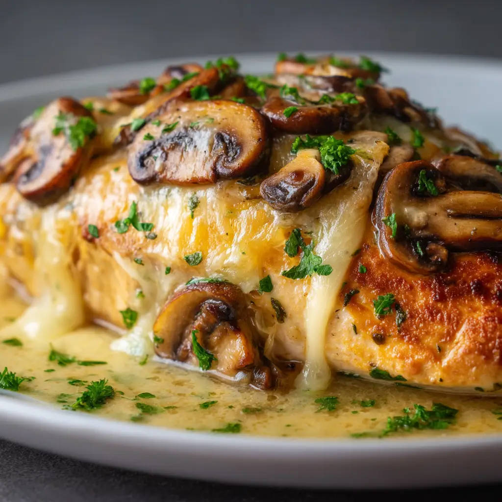 A close-up of the Gouda Mushroom Stuffed Chicken being seared in a cast-iron skillet, showing its crispy, golden-brown skin.