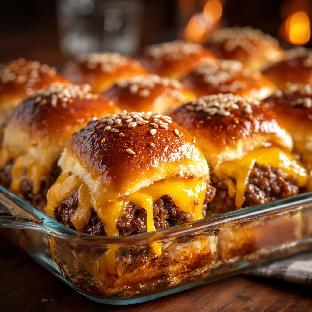 Cheeseburger Sliders: The Ultimate Party Favorite 1 A hand lifting one of the cheeseburger sliders from a batch, revealing the layers of seasoned ground beef and gooey cheese inside.