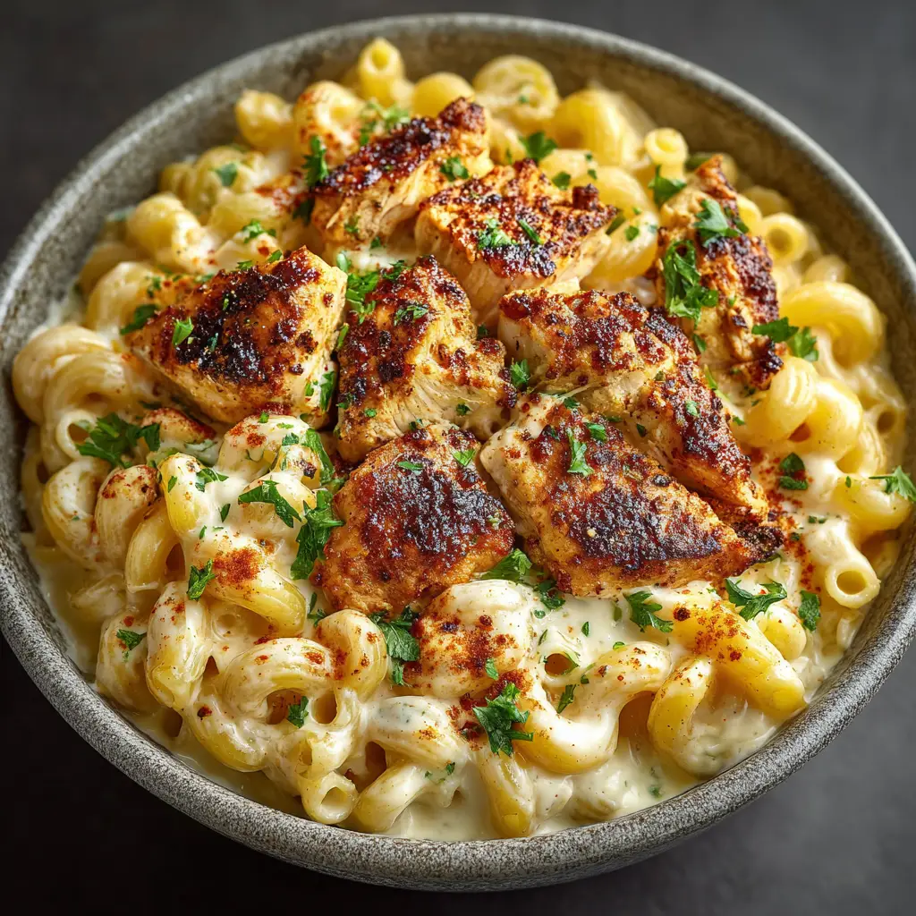 A spoonful of Cajun Chicken Mac and Cheese being lifted from a skillet, showing off the gooey, melted cheese.