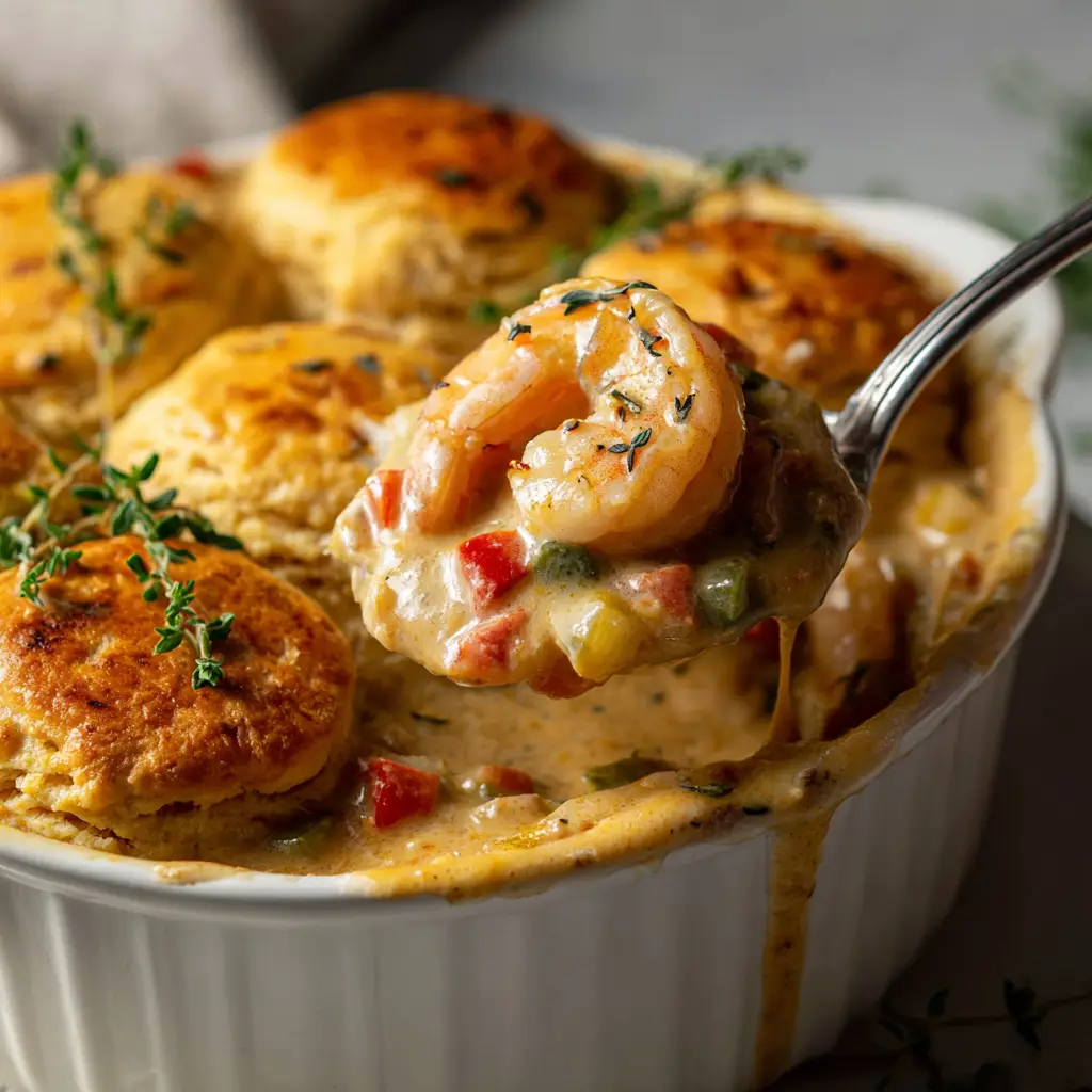 Cheddar Bay Biscuit Seafood Pot Pie (Better Than Red Lobster!) 1 A scoop of the finished Cheddar Bay Biscuit Seafood Pot Pie on a plate, revealing the creamy interior and the flaky, golden biscuit topping.