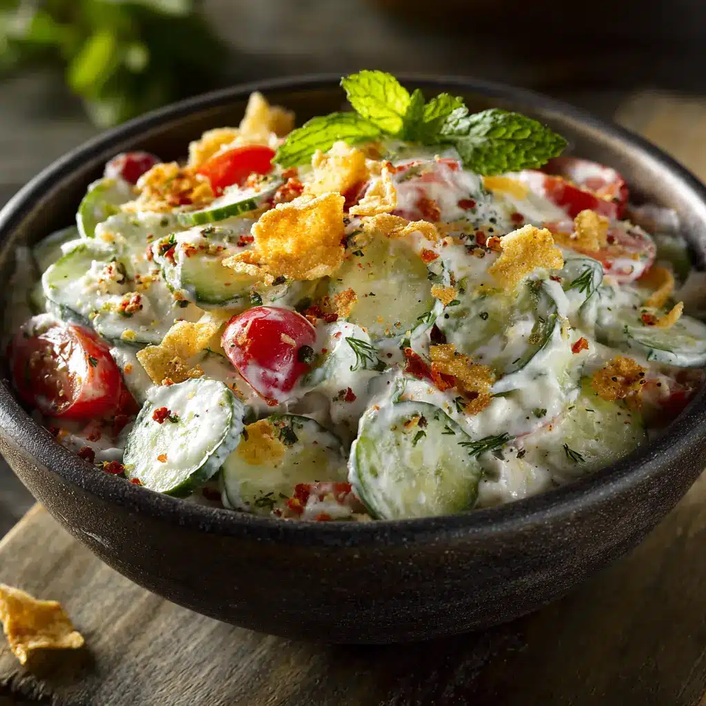 A spoonful of the cucumber ranch salad being lifted from a bowl, demonstrating the perfect consistency and crispness of the ingredients.