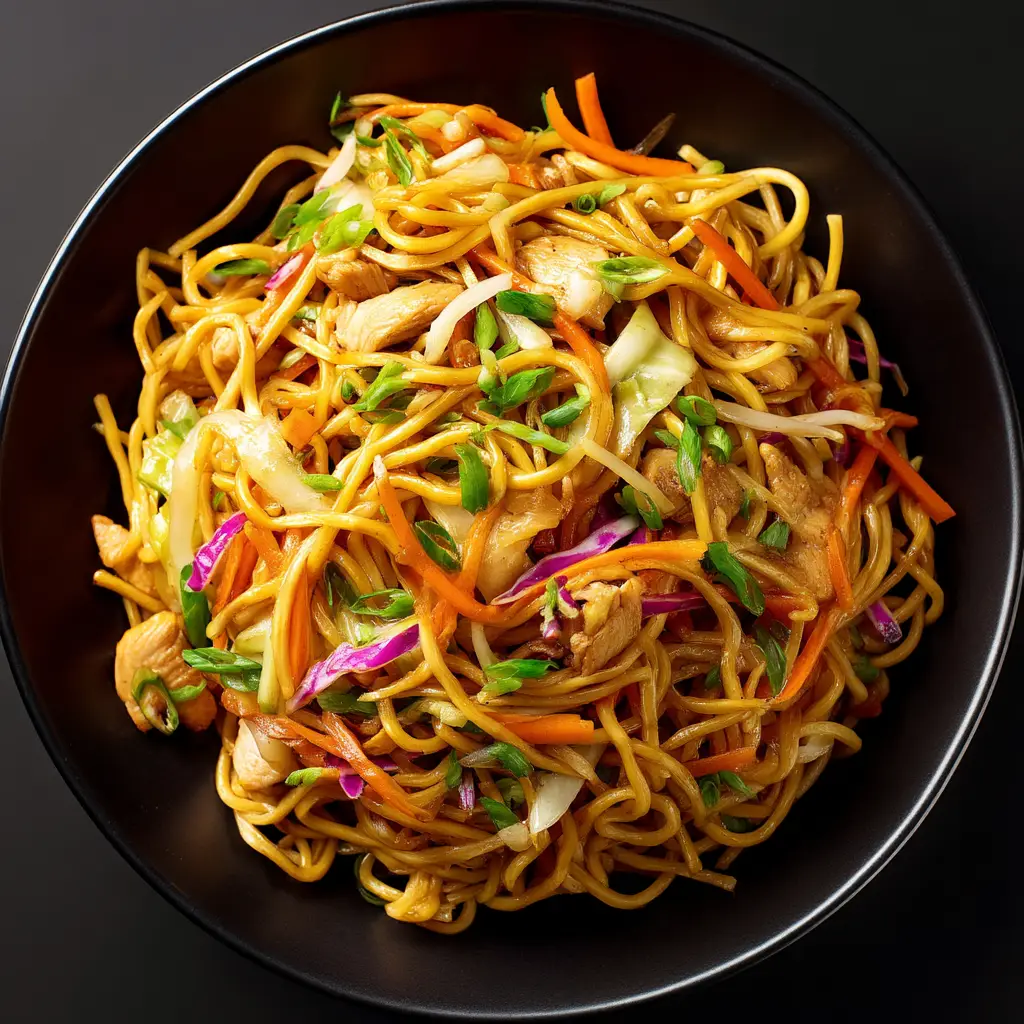 A savory bowl of homemade chow mein with chopsticks picking up a bite of noodles, chicken, and vegetables. The sauce coats every ingredient perfectly.