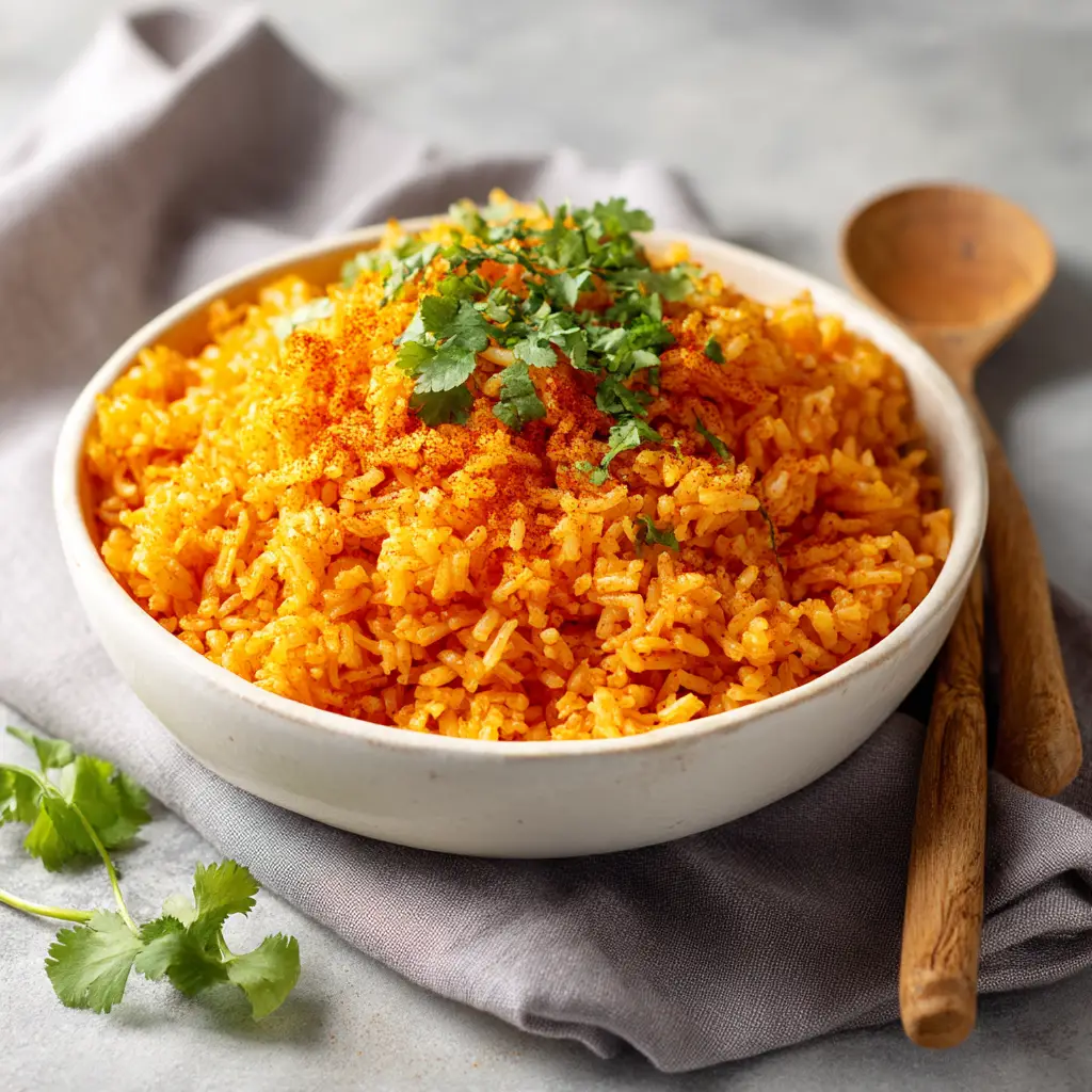 A spoonful of homemade Spanish rice being lifted from a skillet, showing its light and fluffy texture.
