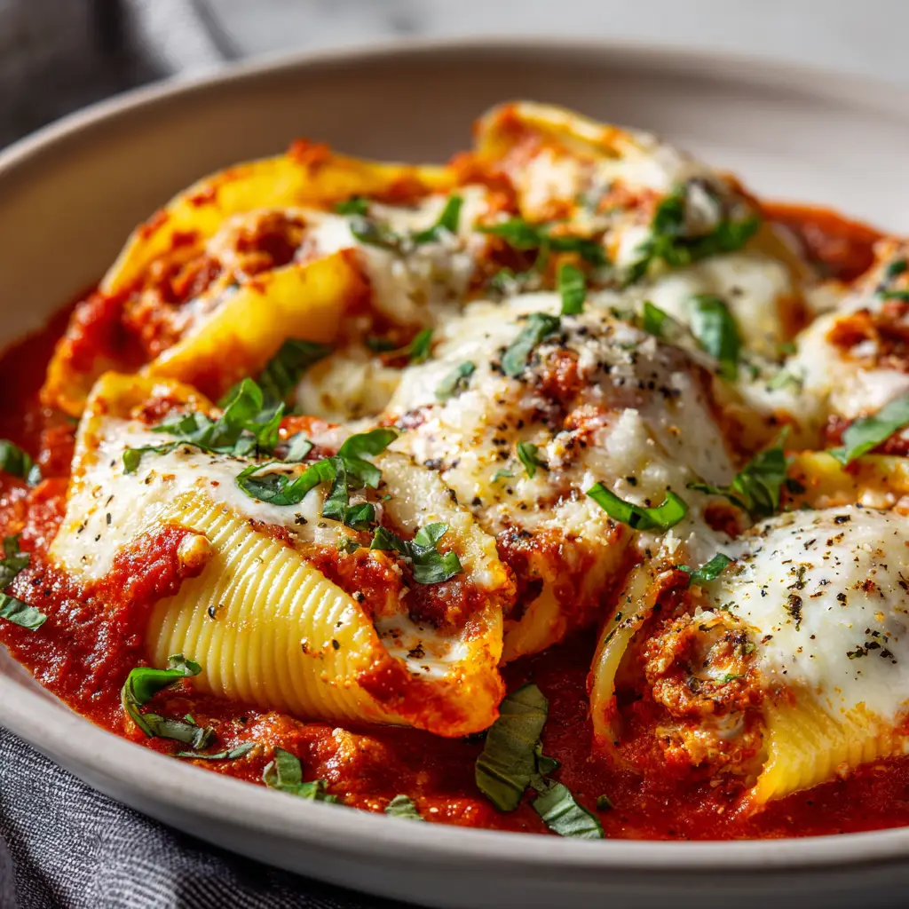 Sausage Stuffed Shells (The Ultimate Comfort Food) 1 A spoonful of baked sausage stuffed shells being lifted from a casserole dish, showing off a glorious cheese pull.