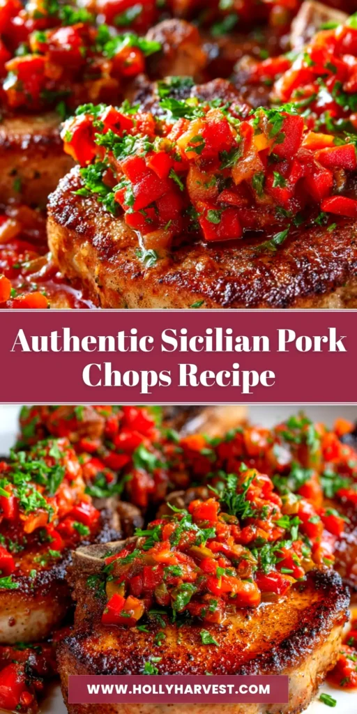 A close-up overhead shot of Sicilian pork chops in a skillet, smothered in a rustic tomato, olive, and caper sauce.