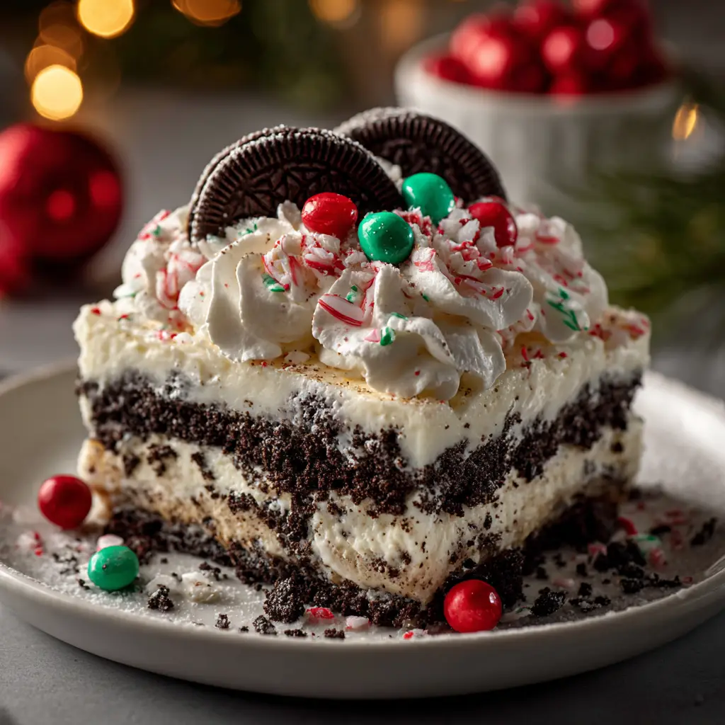 A square slice of the festive no-bake recipe on a plate, ready to be eaten, highlighting the cookie crust base.