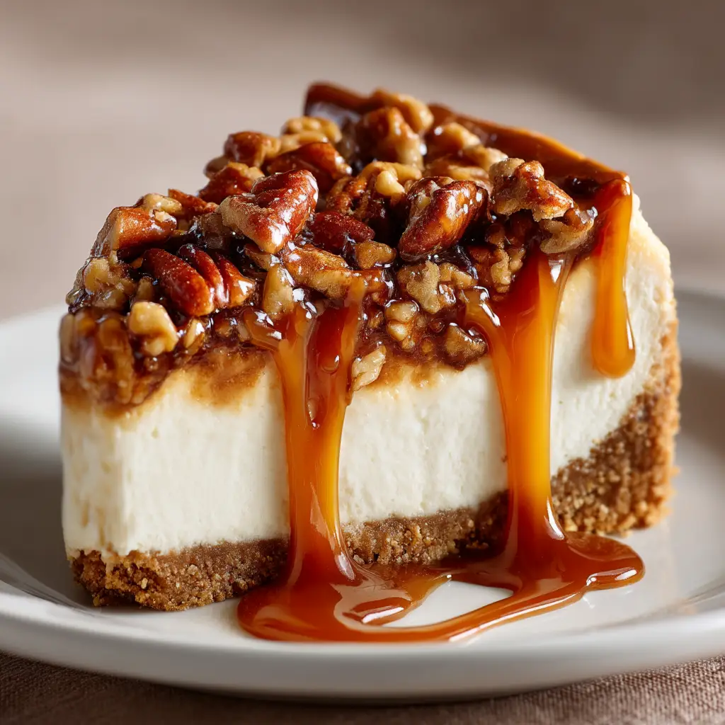 Pecan Pie Cheesecake Recipe: The Ultimate Holiday Dessert 2 A perfect slice of pecan pie cheesecake on a white plate, revealing the distinct layers of graham cracker crust, creamy cheesecake filling, and gooey pecan topping.