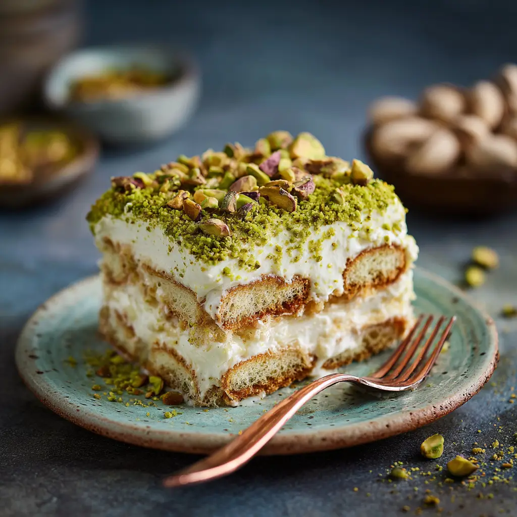 A generous square slice of homemade pistachio tiramisu on a white plate, showing the distinct layers of cream and ladyfingers.