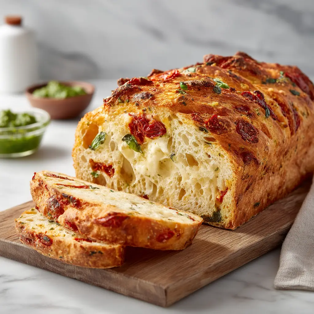 A close-up shot of a sliced loaf of savory tomato basil bread, showing the soft crumb speckled with pieces of sun-dried tomato and basil.