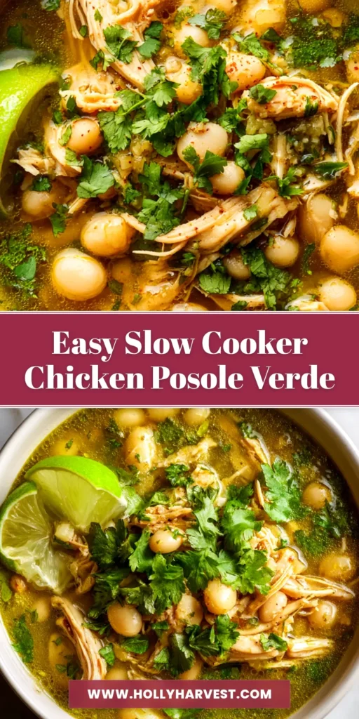 A vibrant bowl of Slow Cooker Chicken Posole Verde, topped with fresh cilantro, radishes, and lime. The perfect easy and authentic crockpot meal.