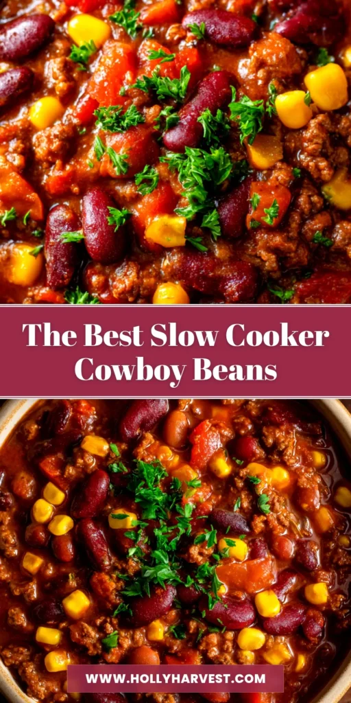 A bowl of rich and hearty Slow Cooker Cowboy Beans, garnished with fresh herbs. The perfect easy crockpot recipe for a crowd.