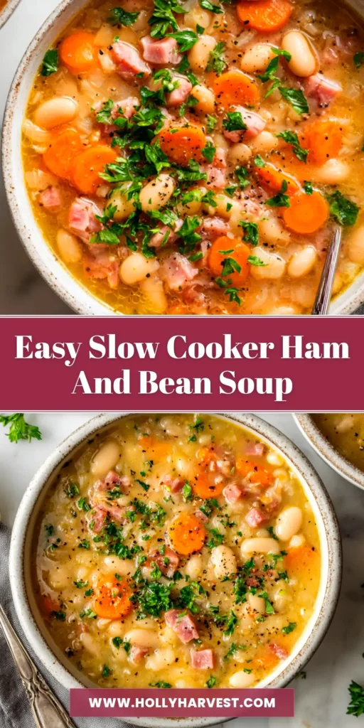 A close-up shot of a white bowl filled with hearty slow cooker ham and bean soup, garnished with fresh parsley. A spoon rests in the bowl.