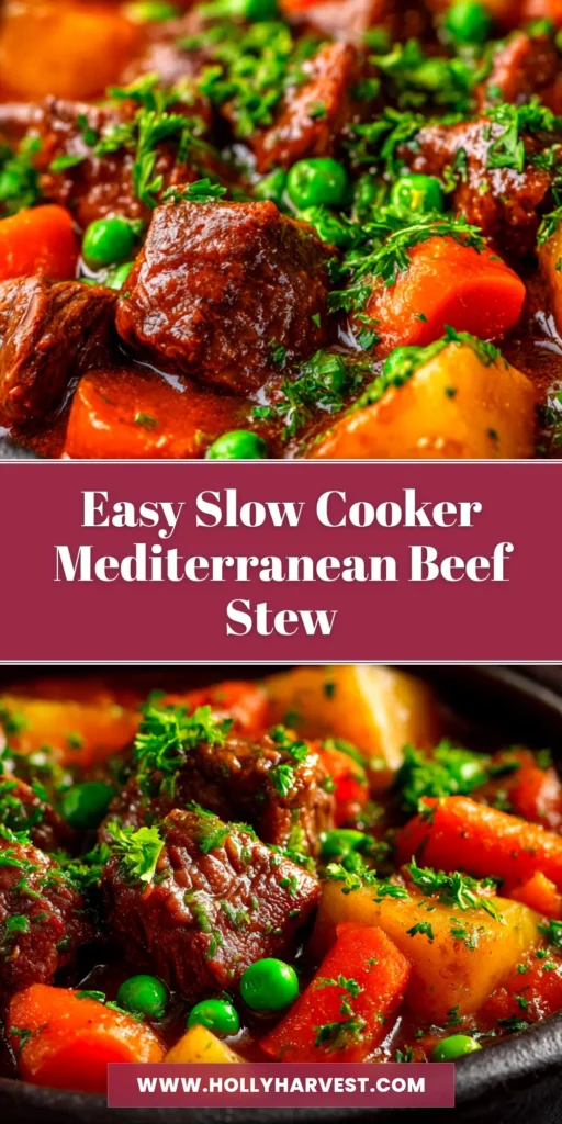 A vibrant bowl of Slow Cooker Mediterranean Beef Stew, featuring tender beef chunks, carrots, and Kalamata olives in a rich, red sauce, garnished with fresh parsley and feta.