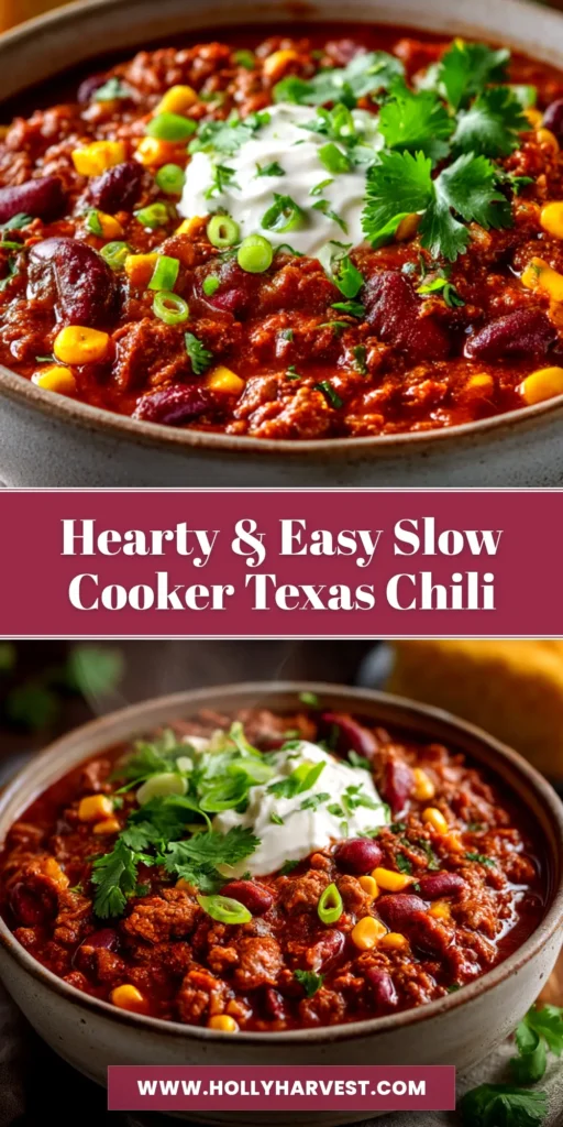 An overhead shot of a bowl of rich, red Slow Cooker Texas Style Chili, topped with shredded cheese and fresh cilantro. The perfect authentic no-bean chili recipe.