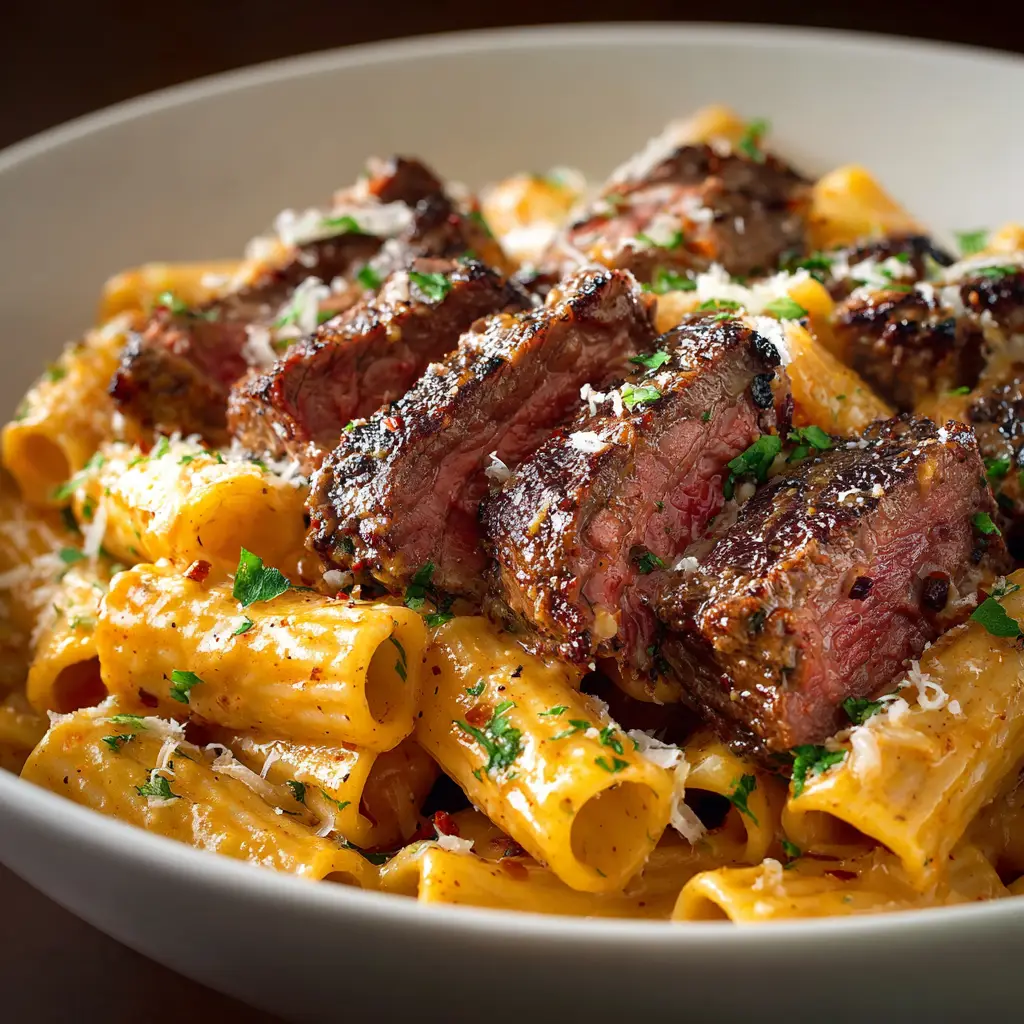 A fork twirling fettuccine from a bowl of spicy Cajun steak pasta, with a juicy piece of seared steak.