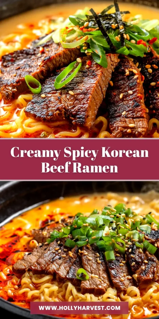 A beautiful overhead shot of a finished bowl of Spicy Korean Beef Ramen, topped with a soft-boiled egg, green onions, and sesame seeds.