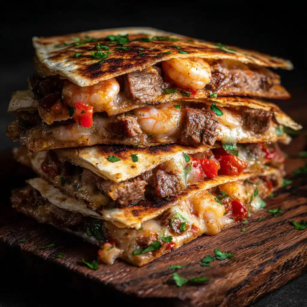 A stack of spicy steak and shrimp quesadilla wedges on a plate, ready to be served.