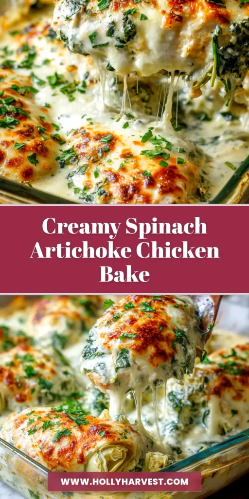 Spinach Artichoke Chicken Bake: The Creamiest, Easiest Recipe 4 A delicious and creamy Spinach Artichoke Chicken Bake in a white baking dish, ready to be served. The top is golden-brown and bubbly.